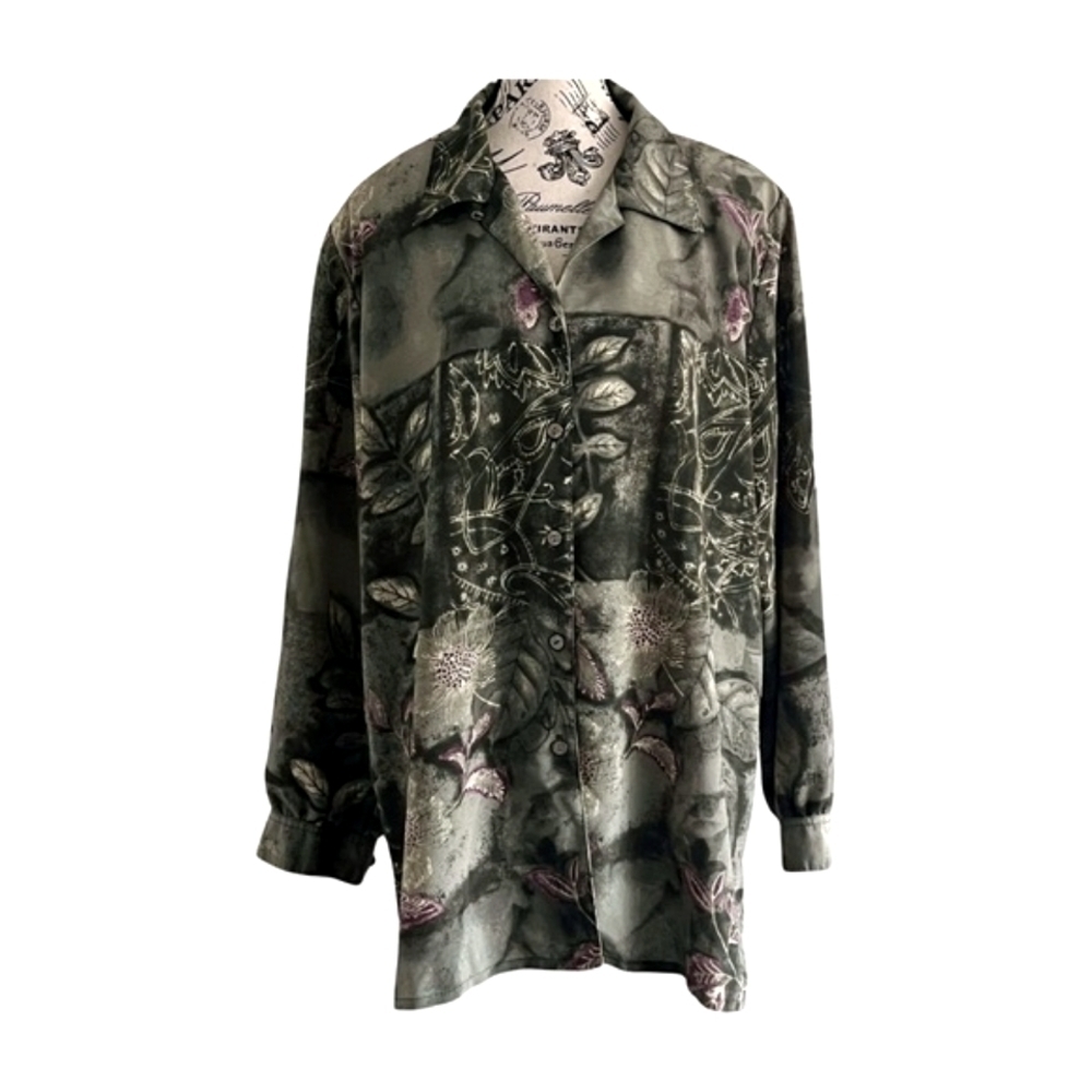 Vintage Tanjay Green & Mauve Botanical Blouse – Oversized XL/XXL